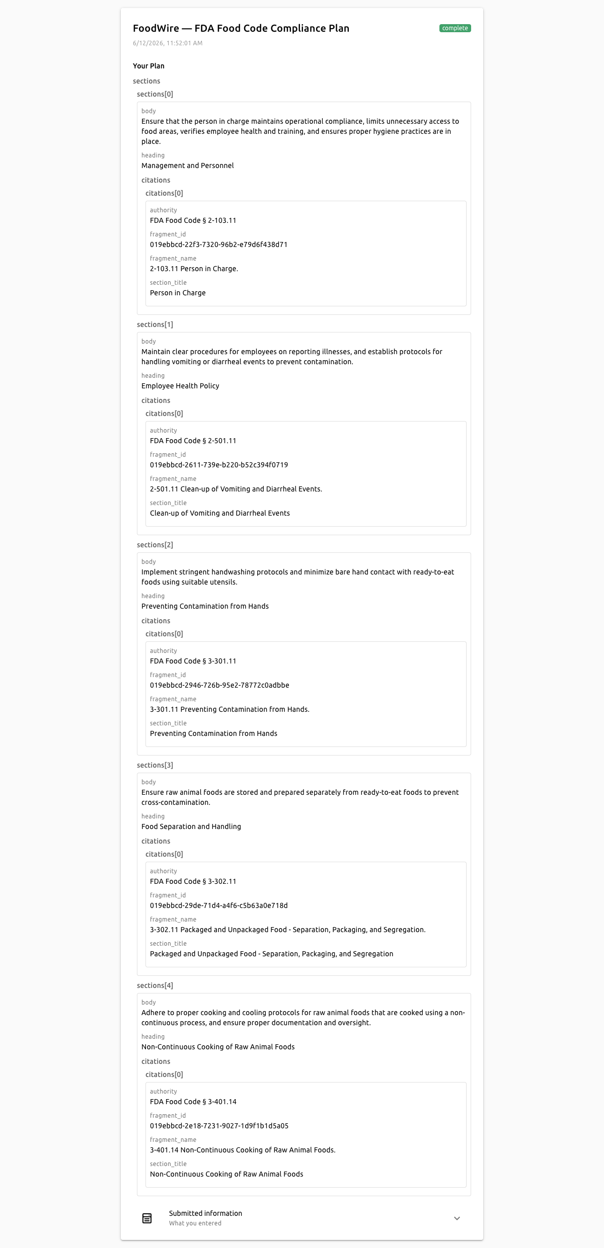 A generated establishment-specific food-safety plan produced from a structured intake